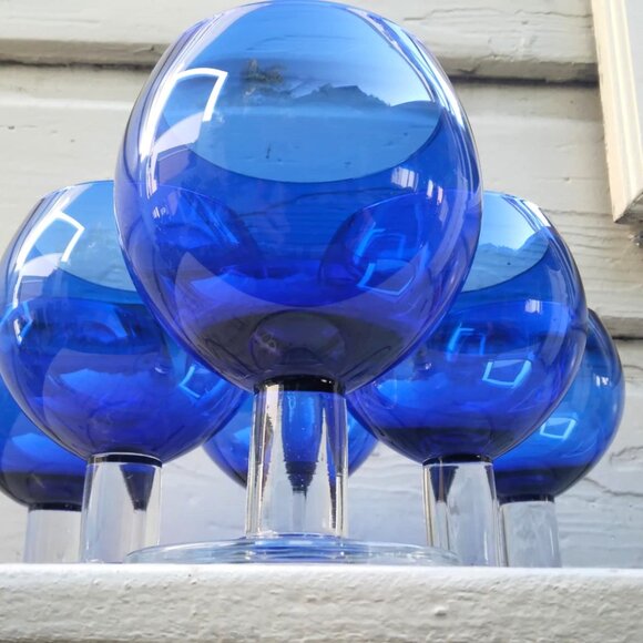 Set of 6 Vintage Crate & Barrel Cobalt Blue Thick Clear Stemmed "Deena" Wine Gla - Picture 7 of 11